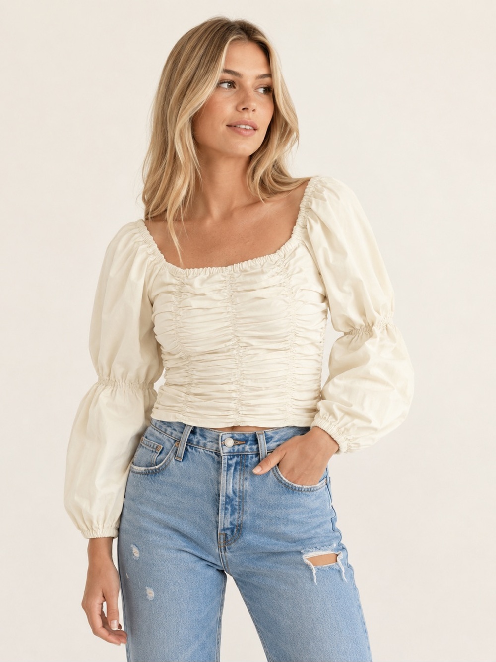 Simonett Ruched Square Neck Peasant Blouse